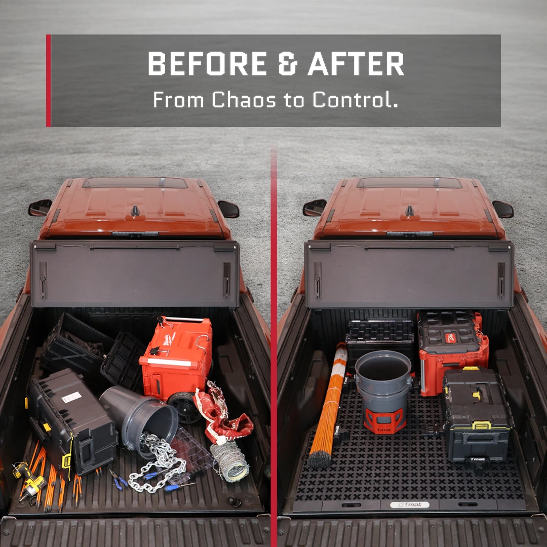 Before and after — messy truck bed vs organized truck bed with Tmat